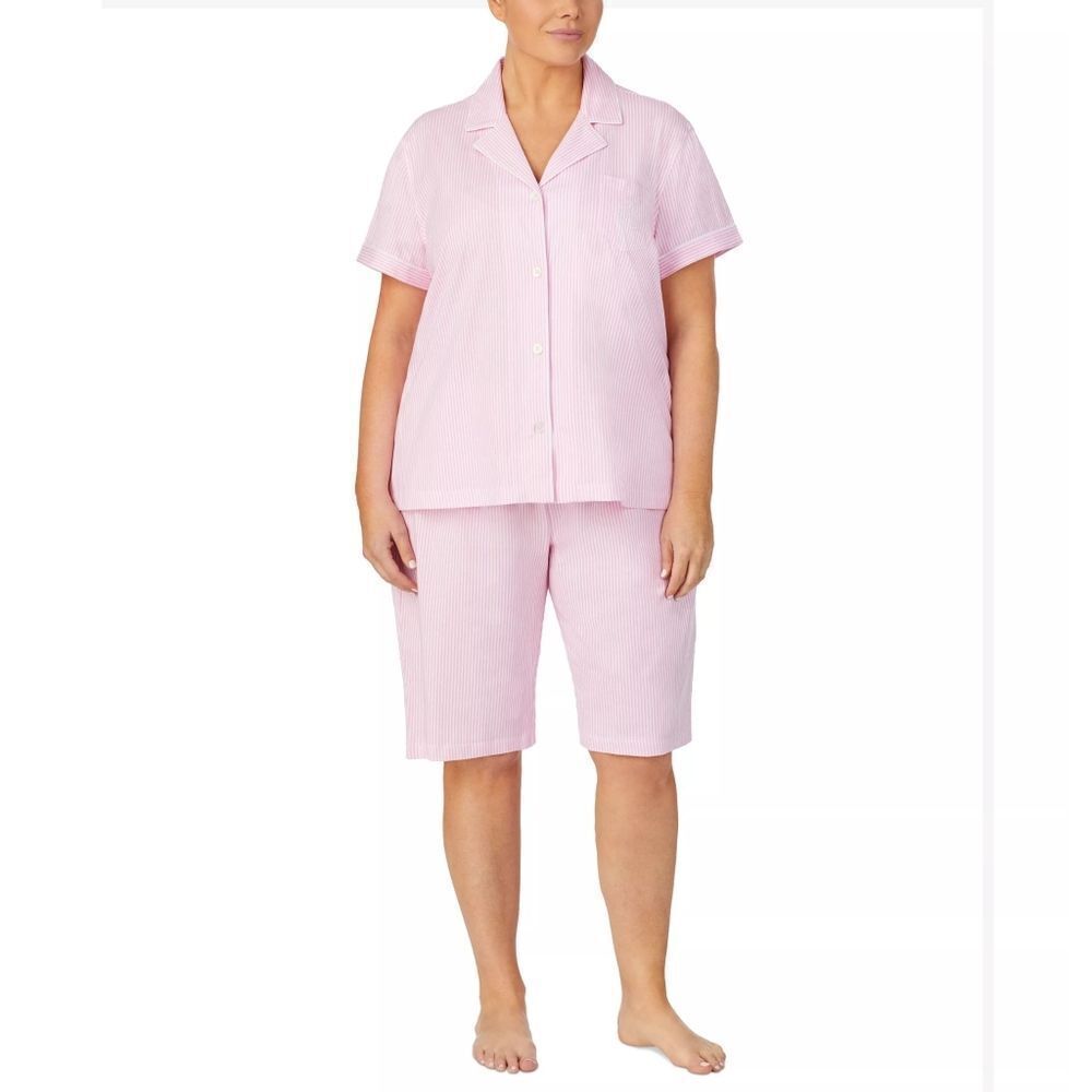 New! RALPH LAUREN Women's Striped Knit Pajamas PJ 2-Piece Set Top Shorts Size 1X